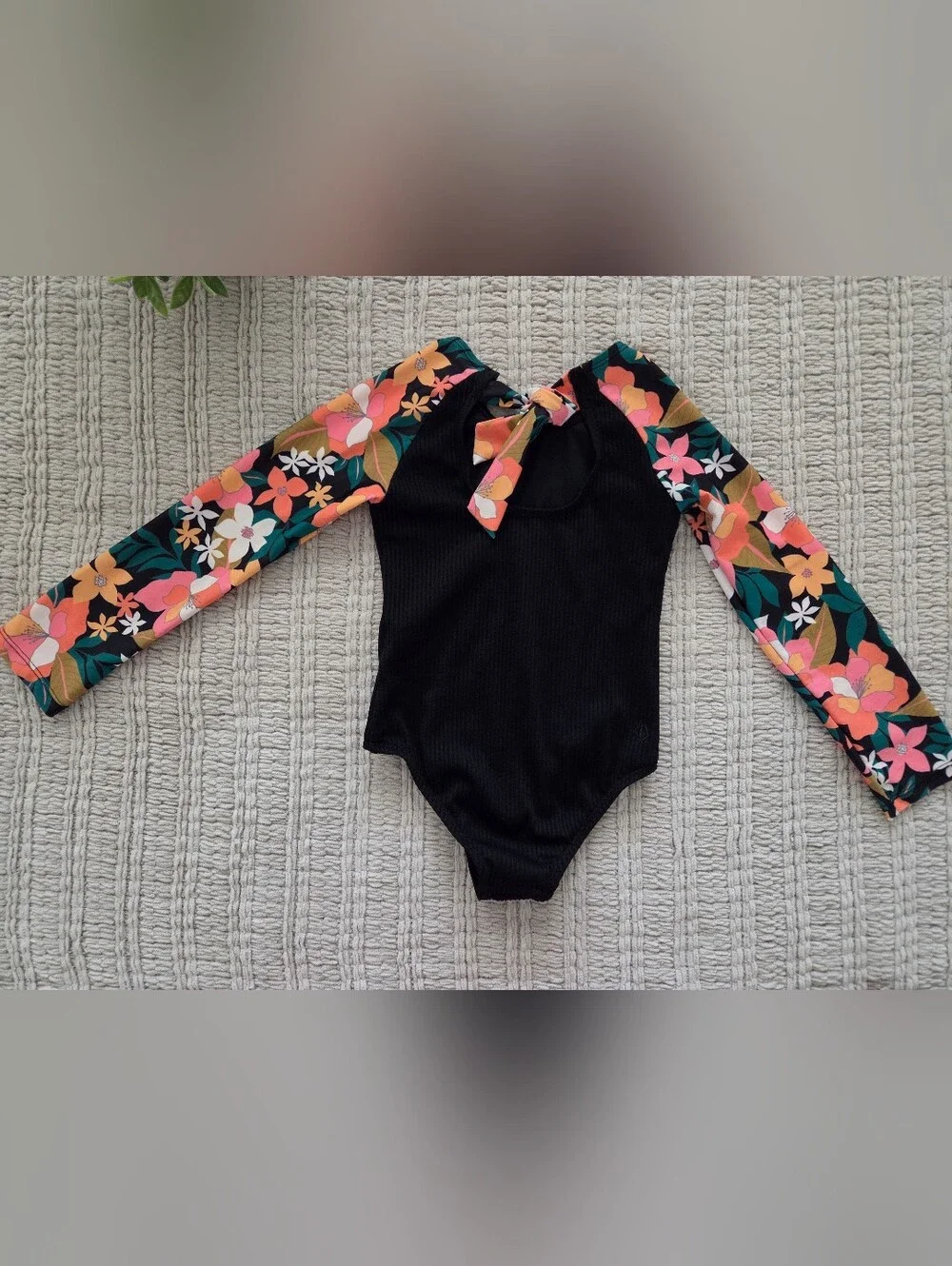 Volcom Girls Black Rashguard Set with Pink & Green Floral Sleeves
